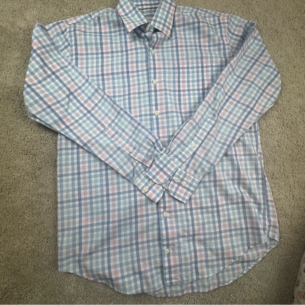 Peter Millar Crown Comfort Mens‎ M Blue Pink Plaid Check Button Down Shirt